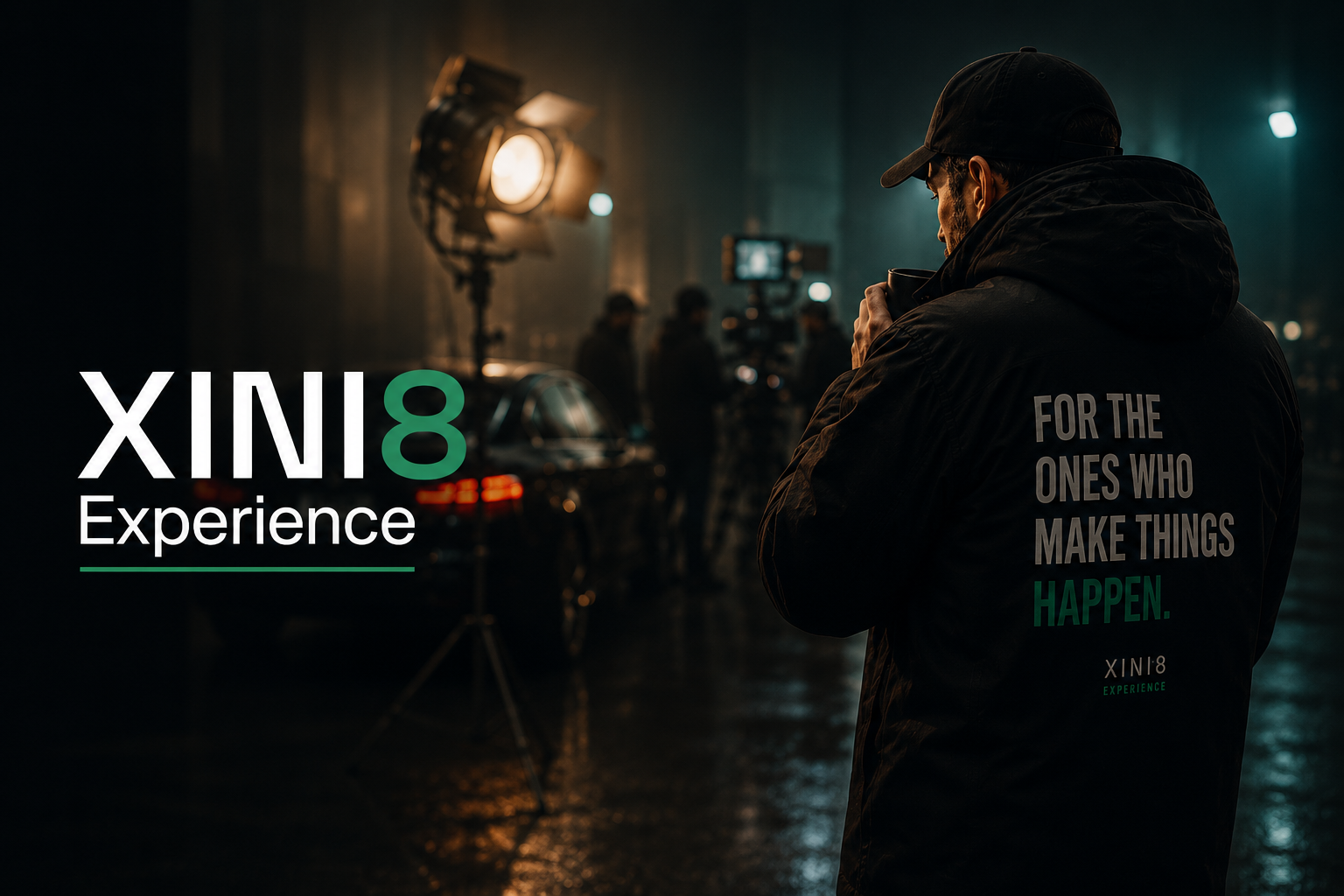 XINI8 Experience key visual — a night film set in the rain with a lighting rig and crew, and a creator in a black XINI8 Experience jacket reading 'For the ones who make things happen'.