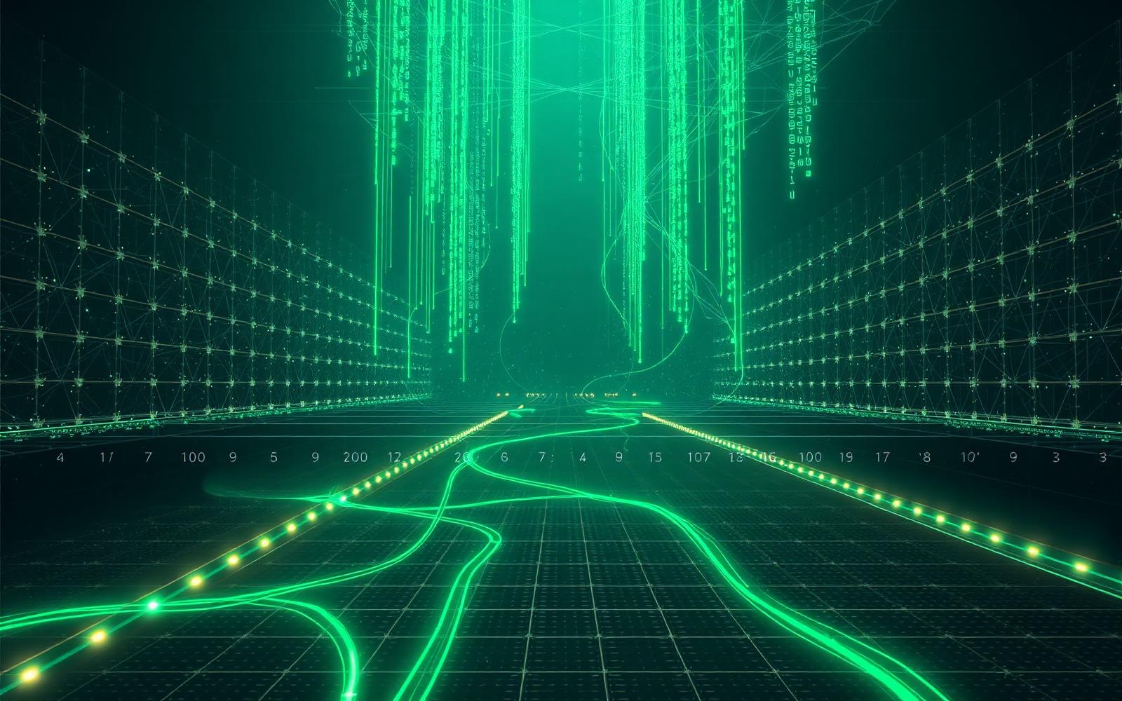 Editorial visualization of AI growth infrastructure — emerald data streams, network nodes and a horizon of intelligent systems.