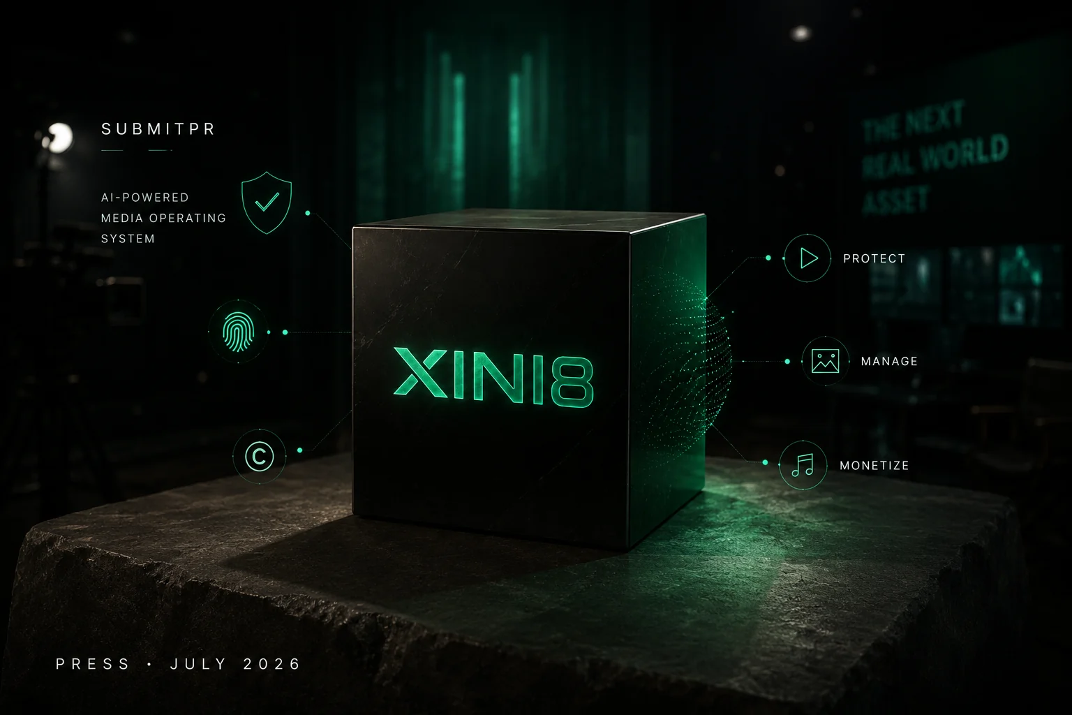 A polished black XINI8 cube on a warm limestone surface, surrounded by glowing emerald icons of protection, fingerprint, copyright and media rights — a premium editorial visualization of intellectual property infrastructure.