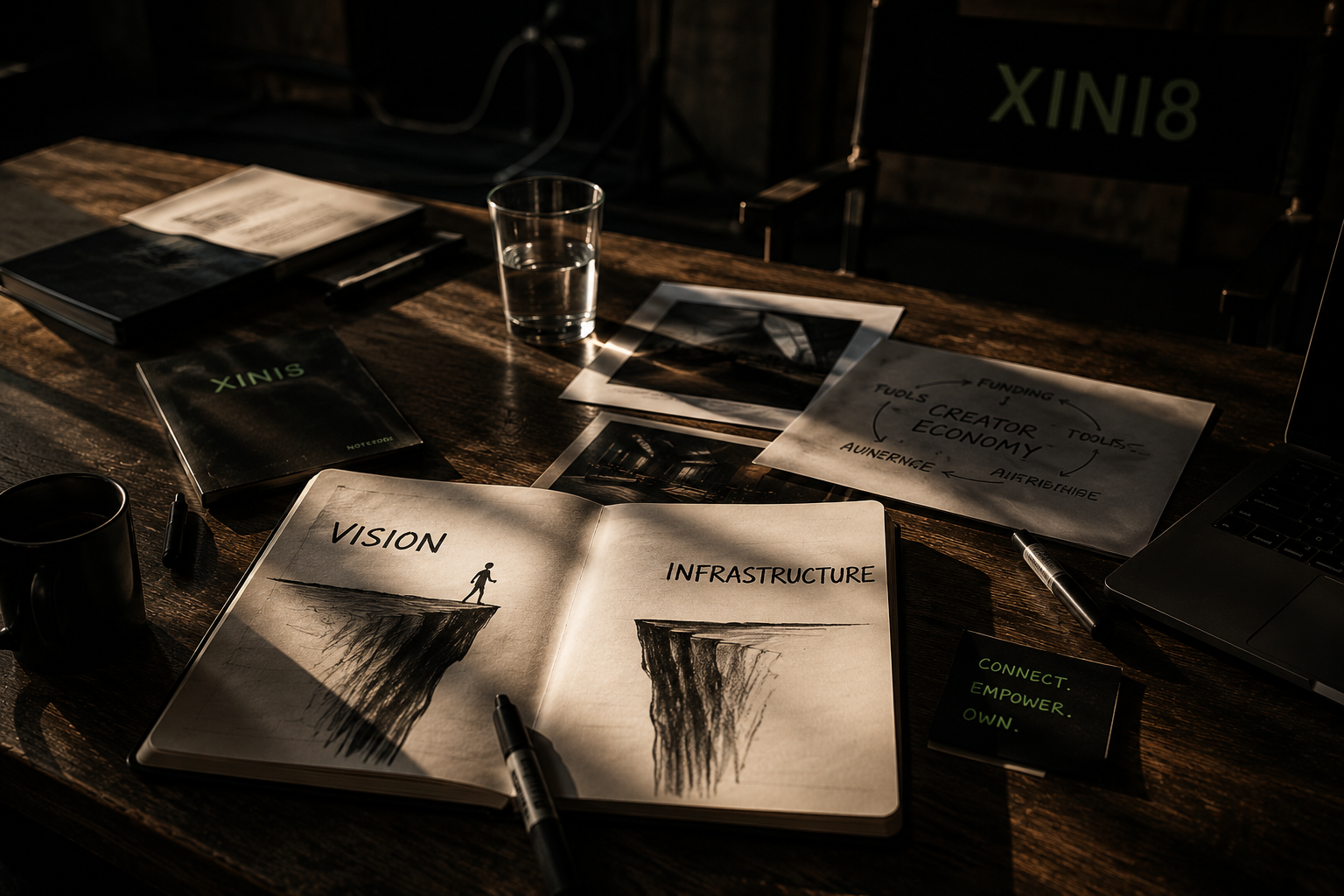 Sketchbook open to 'Vision' and 'Infrastructure' pages on a dark XINI8 studio desk