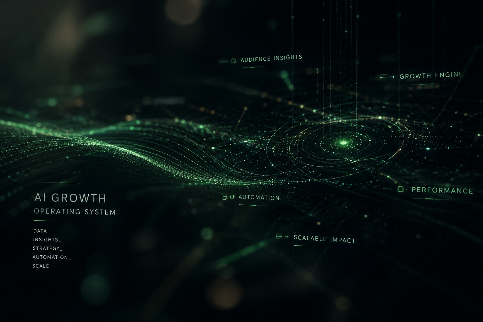 Abstract editorial visualization of AI growth infrastructure — emerald data streams, orbital nodes and system labels across a dark cinematic field