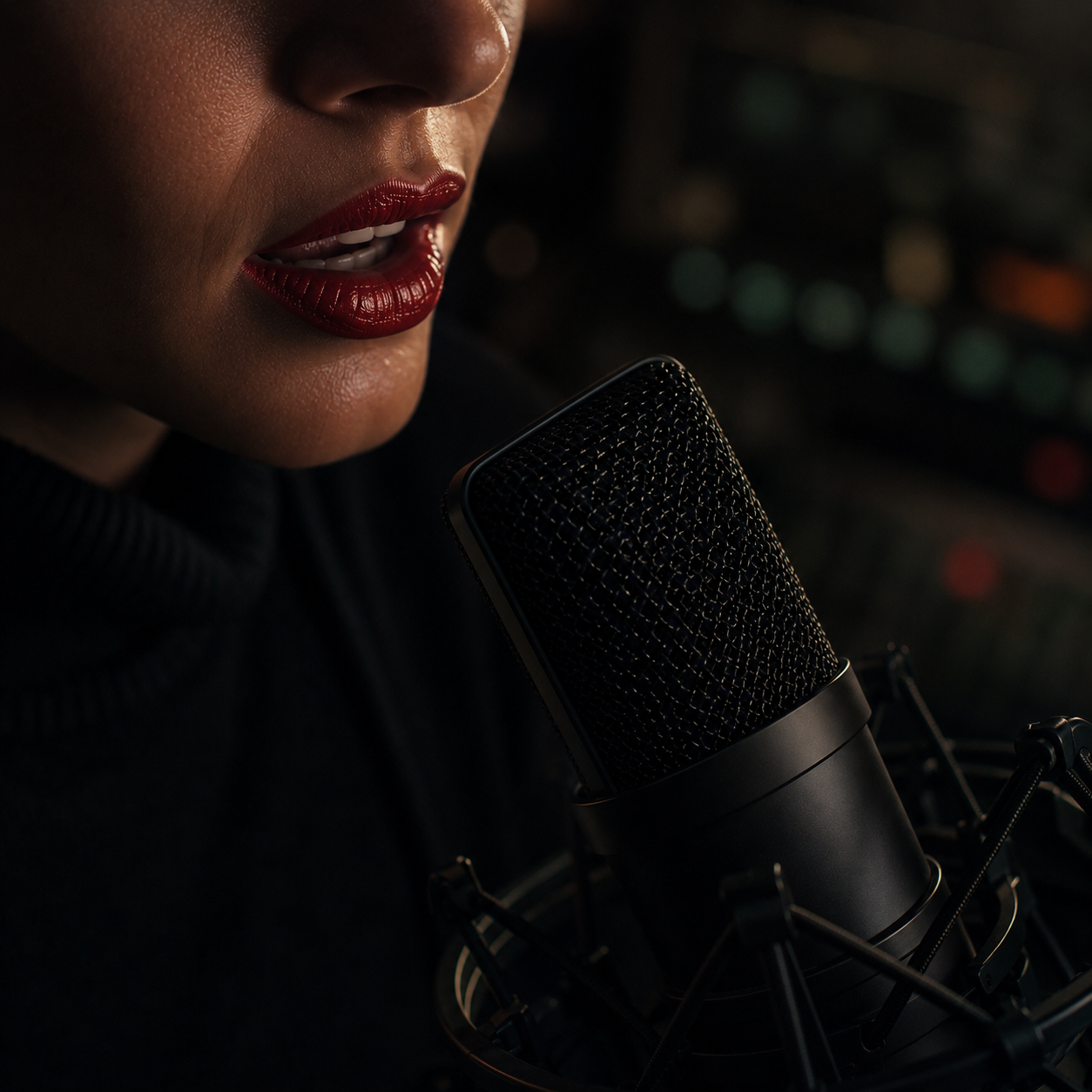 A close portrait of the editor's lips at the studio microphone, moments before speaking