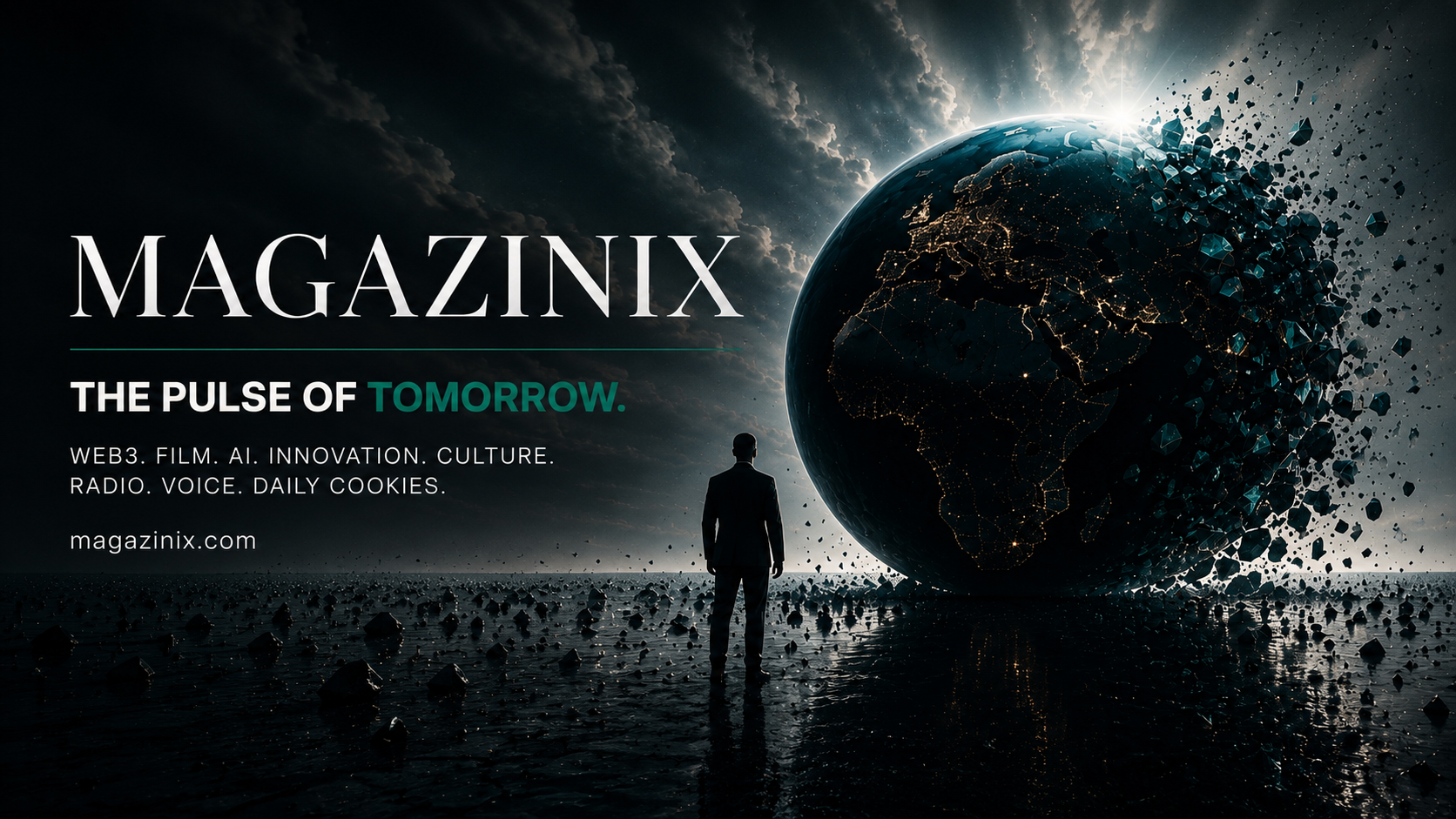 MAGAZINIX key visual — a figure standing before a fracturing illuminated globe on a dark reflective plain, beside the line 'The pulse of tomorrow.'