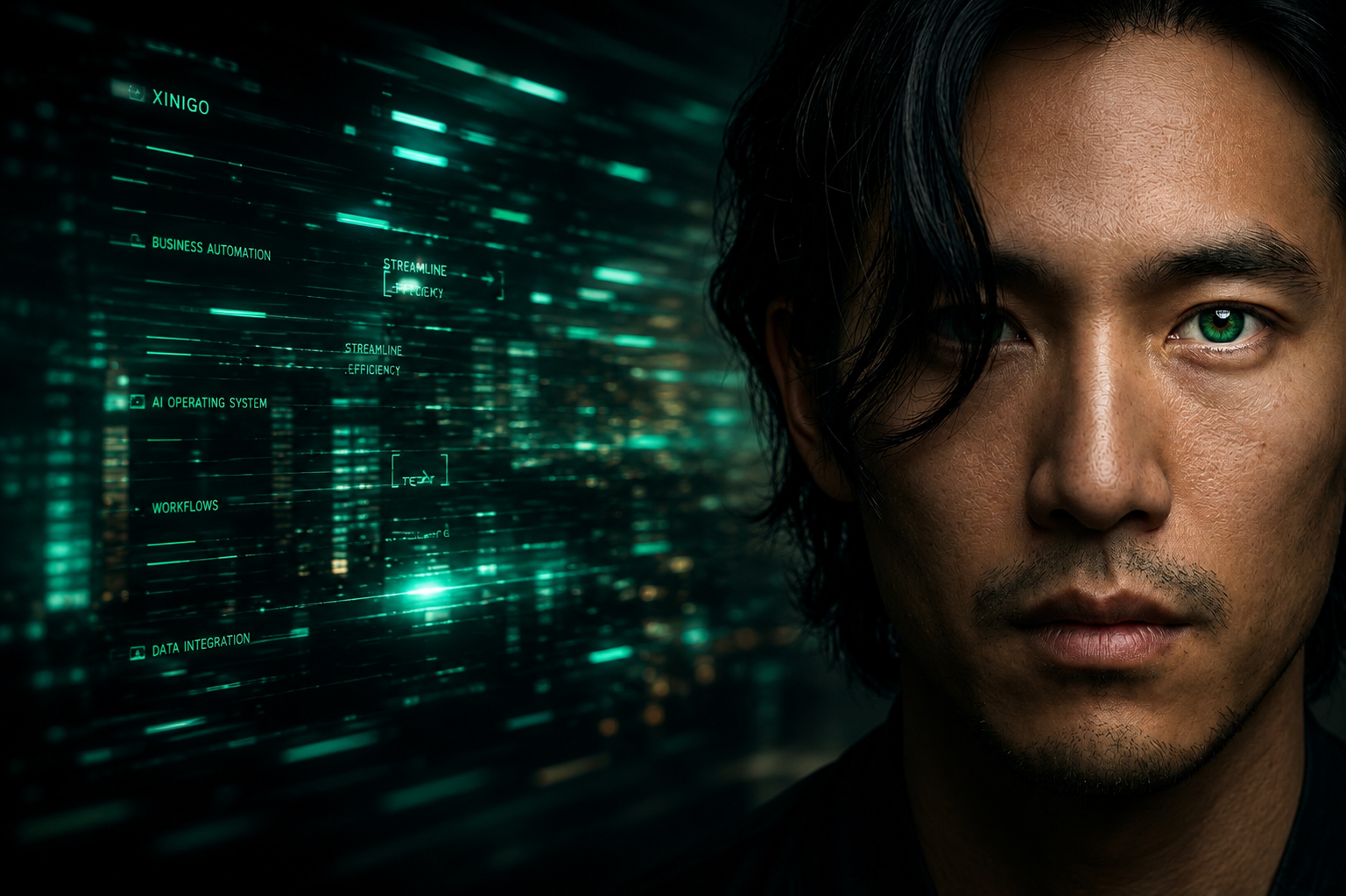 Cinematic portrait of a person with an emerald green eye, overlaid with the XINI8 AI Business Operating System interface — glowing data streams, system labels and dark technological atmosphere