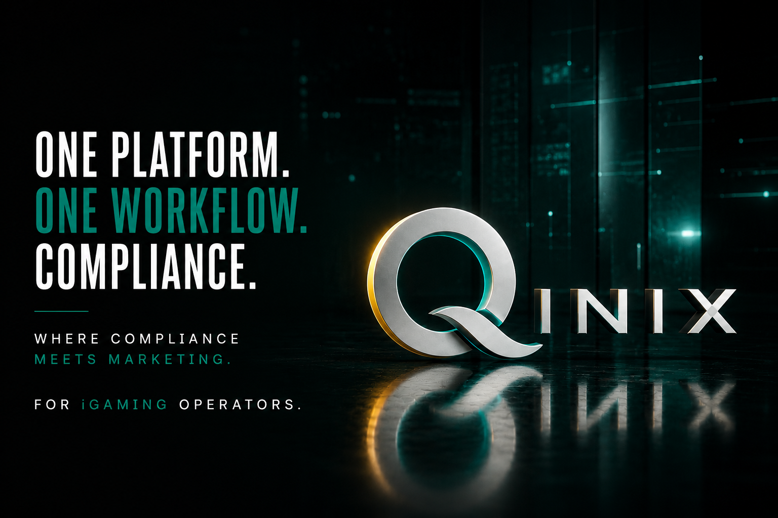 QINIX brand key visual — a metallic three-dimensional QINIX wordmark on a dark reflective surface beside the line 'One platform. One workflow. Compliance.'